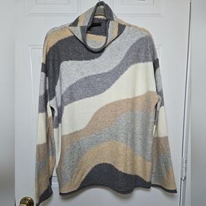 Kerisma Ladies Blue Tan Ivory Striped Angora Blend Mock/Cowl Neck Sweater M/L